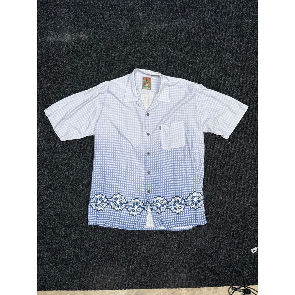 Pineapple Connection Mens Large Rayon Hawaiian Shirt Blue Floral Border Print